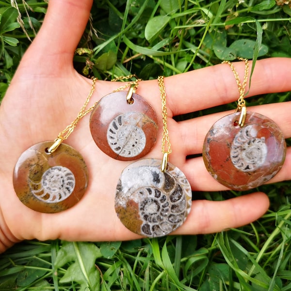 Pendentif Ammonite, fossil, chaine laiton. Aller de l'avant, vitalité, purification, apaisant