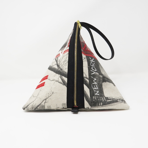 XL triangular pyramid wristlet bag, geometrical purse, wristlet purse, avant-garde bag, New York print, metal zipper bag