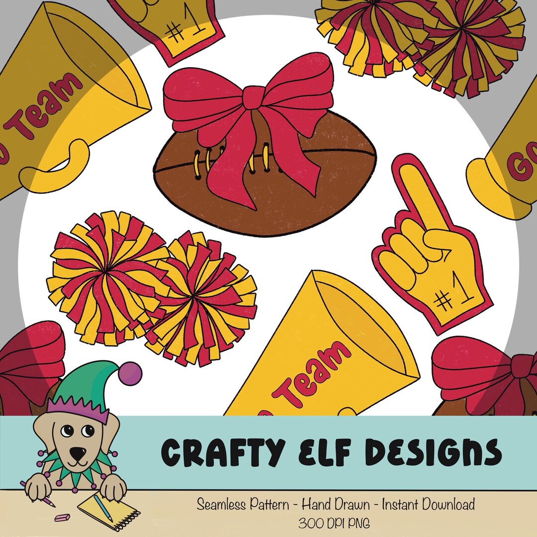 Cheerleader Football Red Yellow American Seamless Pattern: PNG Digital ...