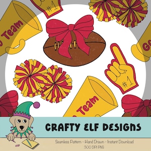 May include: A seamless pattern featuring football-themed elements. Includes a brown football with a red bow, yellow megaphones with "Team" text, pom-poms, and a foam finger with "#1". The design also features a cartoon dog and the text "CRAFTY ELF DESIGNS".