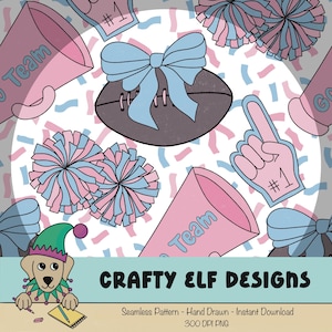 May include: A seamless pattern featuring footballs, pom-poms, megaphones, and foam fingers in pink and blue. The design includes a football with a blue bow, pom-poms, and confetti. The text "Crafty Elf Designs" is at the bottom.