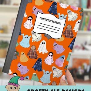 May include: Composition notebook with an orange cover featuring a pattern of cartoon ghosts in various colours and styles. The notebook has a white label that reads "COMPOSITION NOTEBOOK". The notebook is a printable design from Crafty Elf Designs.