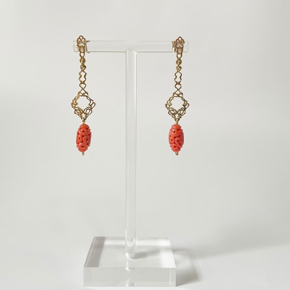 Carved Coral Dangle Drop Earrings - image 1