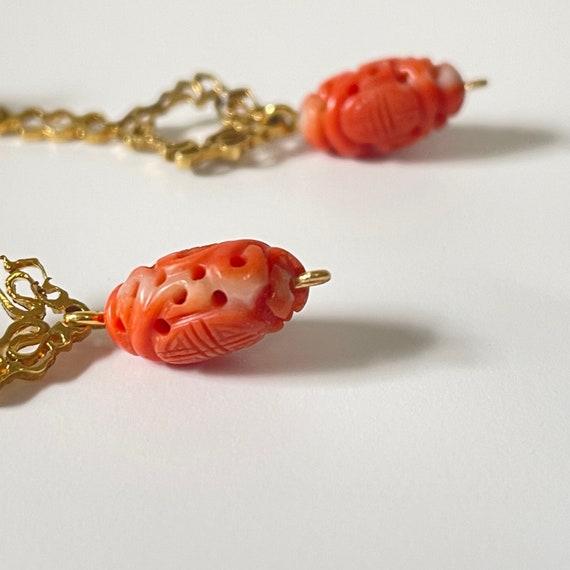 Carved Coral Dangle Drop Earrings - image 4