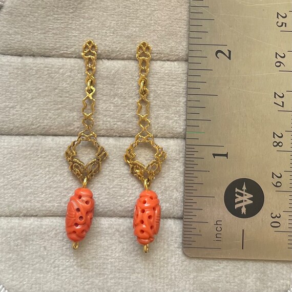 Carved Coral Dangle Drop Earrings - image 5