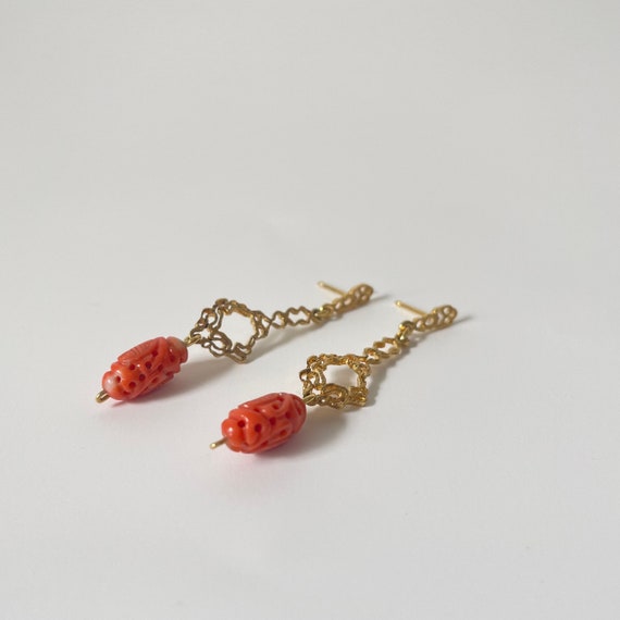 Carved Coral Dangle Drop Earrings - image 2