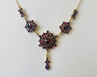 Vintage Bohemian Garnet Silver & Gold Vermeil Cluster Drop Necklace