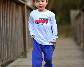 Boys Pants, Royal Blue Corduroy, Embroidered Trucks, Christmas Toddler Pants