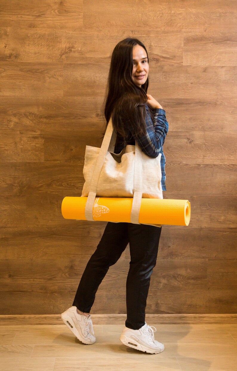 Linen Yoga Tote Bag. Shoulder Bag. Linen Bag.yoga Mat Carrying Etsy