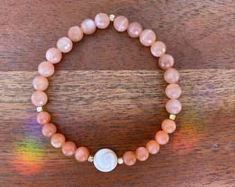 Parvati~ Pulsera de piedras preciosas naturales de ojo de Shiva, piedra solar y piedra lunar color melocotón