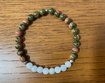 Pulsera de piedras preciosas naturales Tara Blanca, Piedra Lunar Blanca y Unakita