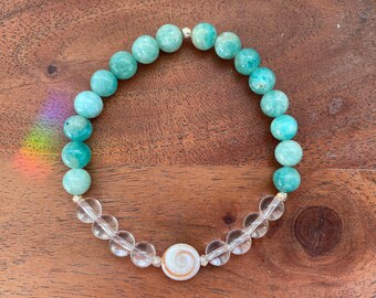 La Espiral Sagrada~ Pulsera de piedras preciosas naturales de ojo de Shiva, cuarzo transparente y amazonita