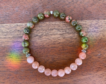 Pulsera de piedras preciosas naturales de la diosa Tara: piedra solar, piedra lunar y unakita