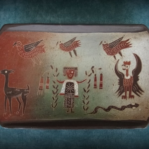 Southwestern Pottery Pueblo Style Red Clay Decorative Tray with Tribal Motif - 10.75&quot; x 6.75&quot;