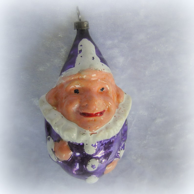 Purple Costume with White Collar and Buttons Antique Blown Glass Clown Christmas Ornament