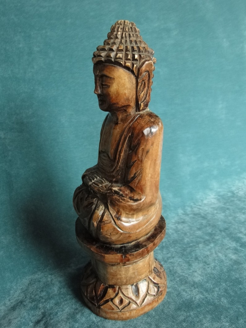 Vintage Hand Carved Wood Buddha Statue 16.25 Tall Beautiful Hand Rubbed