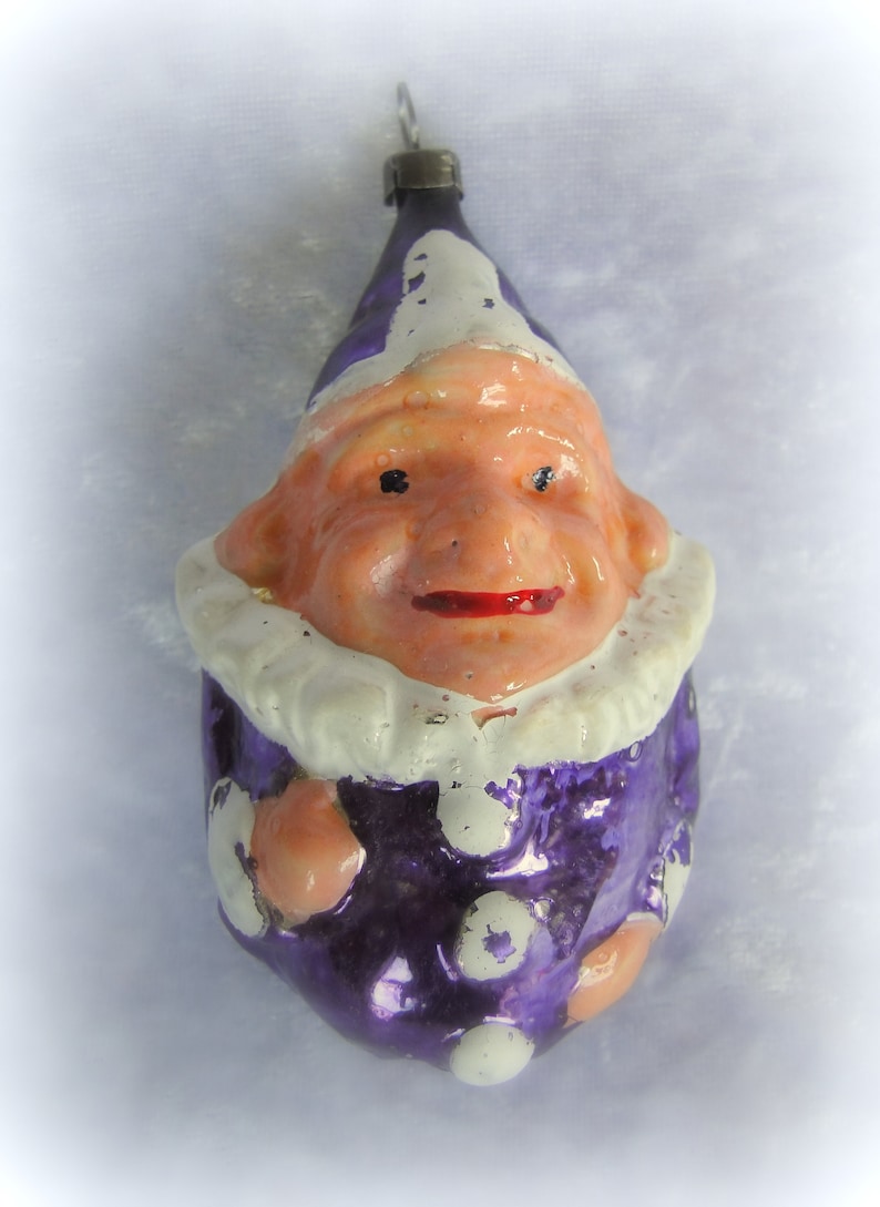 Purple Costume with White Collar and Buttons Antique Blown Glass Clown Christmas Ornament