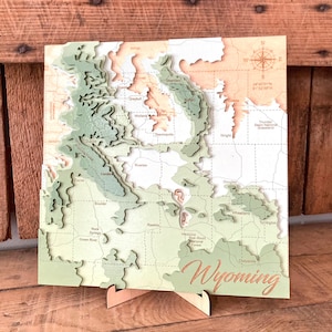 Wyoming state Custom 3D multi layered wood lake city map engraved six layer map