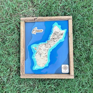 Guam pacific coast ocean bay map 3D multi layered wood lake ocean city map engraved seven layer map framed