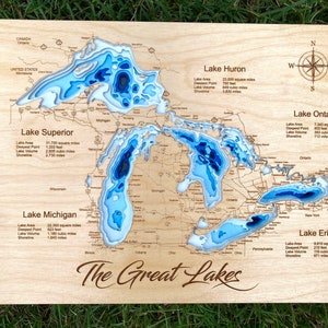 The Great Lakes Custom 3D multi layered wood lake city map engraved eight layer map