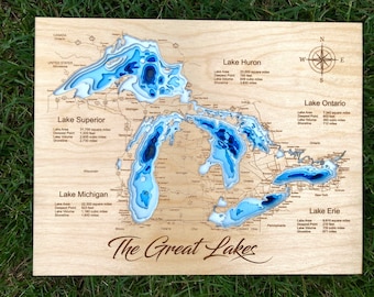 The Great Lakes Custom 3D multi layered wood lake city map engraved eight layer map