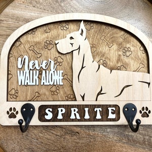 Adorable Dog leash holder for wall pet leash holder dog leash dog collar holder dog leash sign all wood with metal hooks Personalized