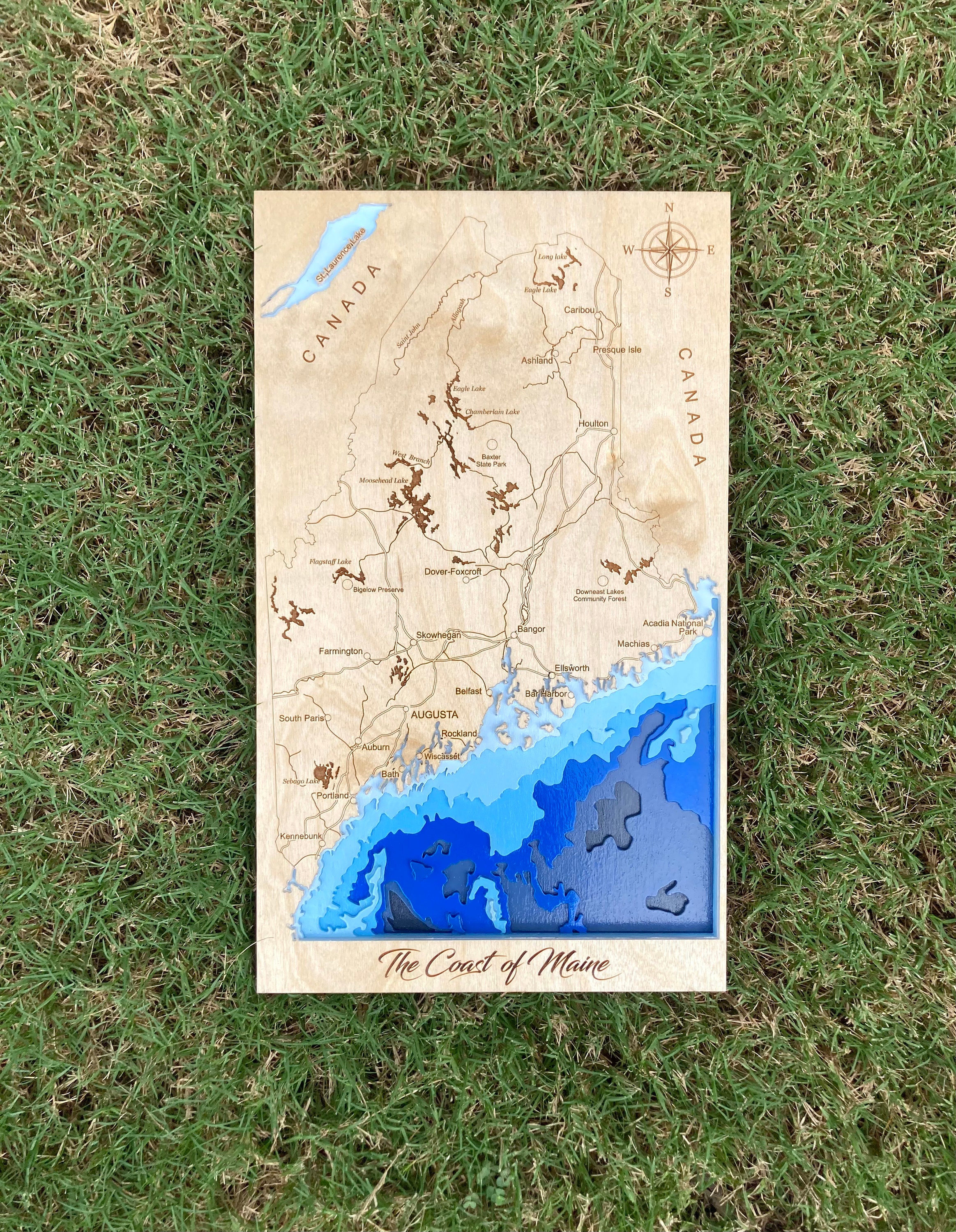 The Maine Coast seven layer 3D multi layered wood lake city map engraved and handprinted coastal map of Maine Custom engraved map