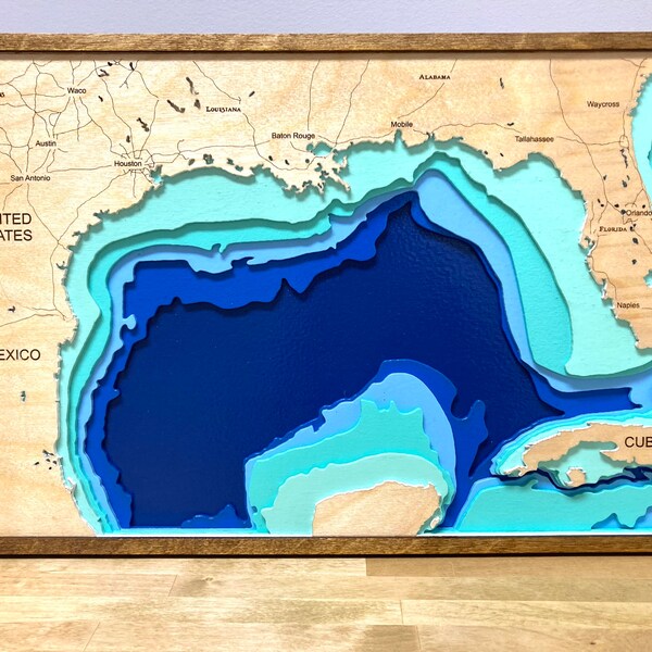 Gulf of Mexico 3D Wood Map: Eight-Layer Engraved City Map