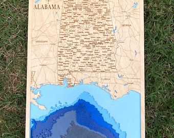 Alabama State Map Custom seven layer 3D multi layered wood lake city map engraved and handprinted city map of Alabama Custom engraved map