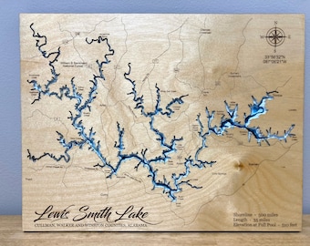 Lake Smith Custom 3D multi layered wood lake city map engraved and handprinted city map Lewis Smith Lake Alabama 5 layers