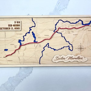Boston Marathon Route wood 3D multi layer map sign Customized Engraved finisher plaque route map Boston Marathon Custom Laser Engraved Finis