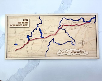 Boston Marathon Route wood 3D multi layer map sign Customized Engraved finisher plaque route map Boston Marathon Custom Laser Engraved Finis