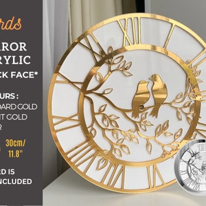 Mirror Clock Face 'TWO BIRDS on TREE' Silver, Gold (standard or bright) Acrylic Dial D30cm/11.8" for clock making, resin art