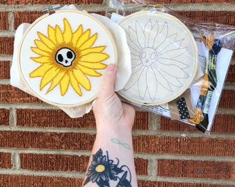 Sunny skull flower embroidery kit-optional water color- DIY crafts