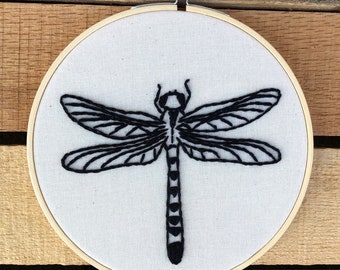 Dragon fly hand stitched embroidery - insect artwork - 6” hoop - modern wall hanging