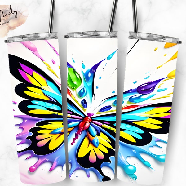 3d Butterfly Sublimation Png For Skinny 20oz Tumbler, Bright neon popping colors, Digital Paper, Pink and Blue Butterfly, Colorful Designs