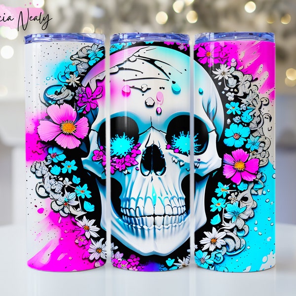 Sugar Skull Tumbler Design, 20oz Png Tumbler wrap, Skull With Flowers Png Digital Download, 3D Png, High Resolution, Tumbler Prints