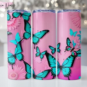 Butterfly 20 oz Tumbler Wrap | Pink & Blue Sublimation Seamless PNG | Colorful Boho Wrap