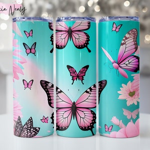 Butterfly Tumbler Wrap Design Blue & Pink PNG Seamless Sublimation 20 oz Skinny Tumbler Instant Digital Download