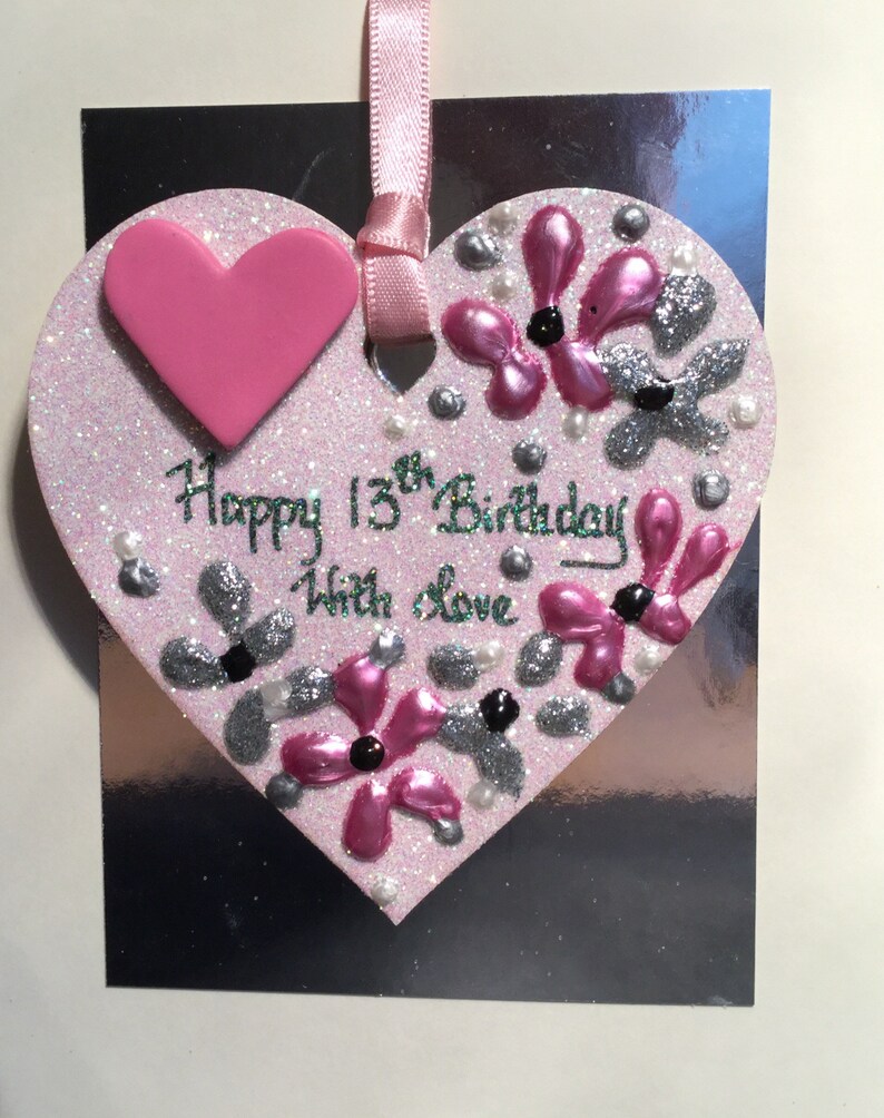 13th Birthday wooden sparkly heart gift on a greetings card | Etsy