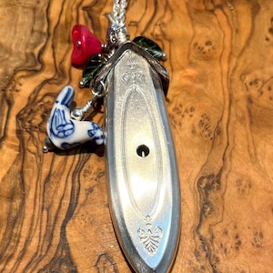 Vintage Repurposed Flatware Birdhouse Pendant with Red Flowers and Blue and White Bird , Unknown Pattern.....BH7860