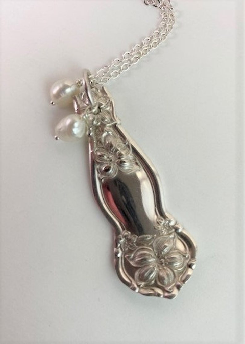 Vintage Silverplate Spoon Pendant with Freshwater Pearls and Silverplate Chain....Orange Blossom by Wm Rogers 1910...no 7534