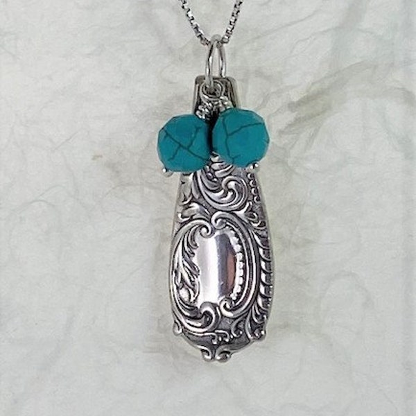 Vintage Silverplate Spoon Pendant with Turquoise and Sterling Silver Chain....Unknown Pattern...no. 7418