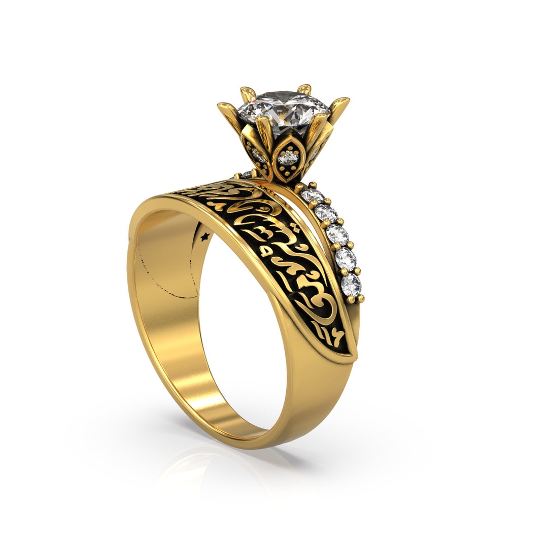 Arabic Calligraphy Luxury Gold Moissanite Diamond Engagement / Wedding ...