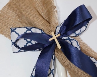 Handmade Easter Candle | Personalized Baptism Candle with Burlap & Blue Ribbon
