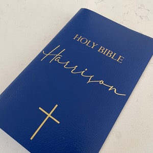 Personalized Bible Custom KJV/NKJV/NIV Gift Holy Bible Faux Leather King James VersionBaptismsWeddingsChristeningsBirthdayGifts Blue w/Gold writing