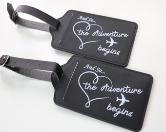 Bulk Wedding Favors Luggage Tags Unique Gifts, Bridesmaid Gift, Save the Date, or Bridal Party Shower - And So the Adventure Begins Travel