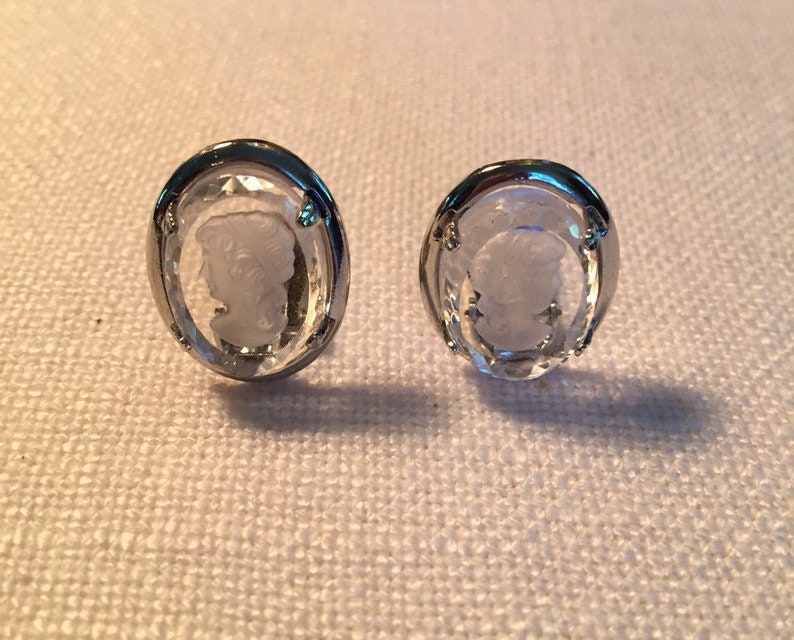 Vintage silvertone Joseph Warner intaglio crystal clip earrings