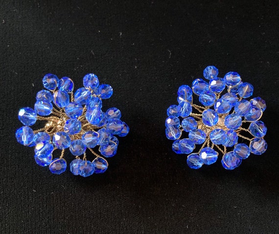 wirework blue crystal bead clip earrings vintage - image 1