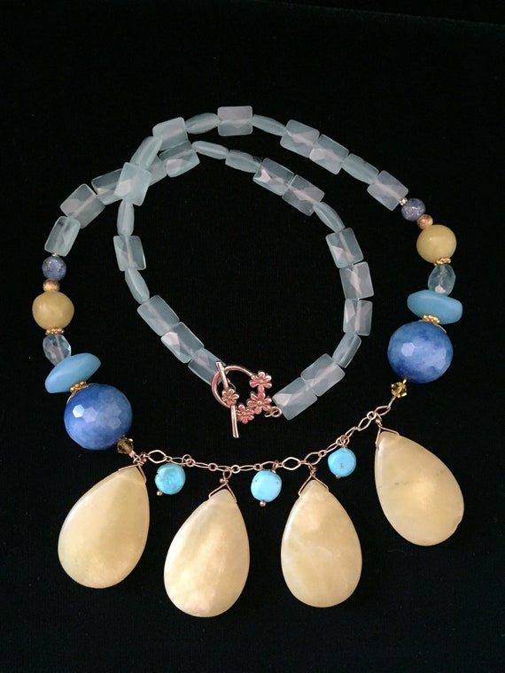 mixed stone necklace blue and yellow green beads … - image 5